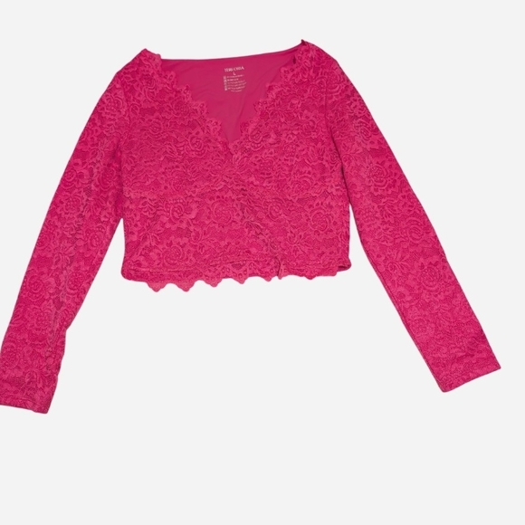 ReoRia Tops - ReoRia Fuchsia Lace V-Neck Top